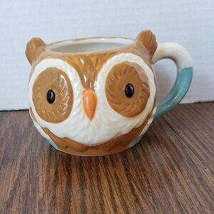 Earthenware Brown and Blue Ceramic Owl Coffee Mug Cup